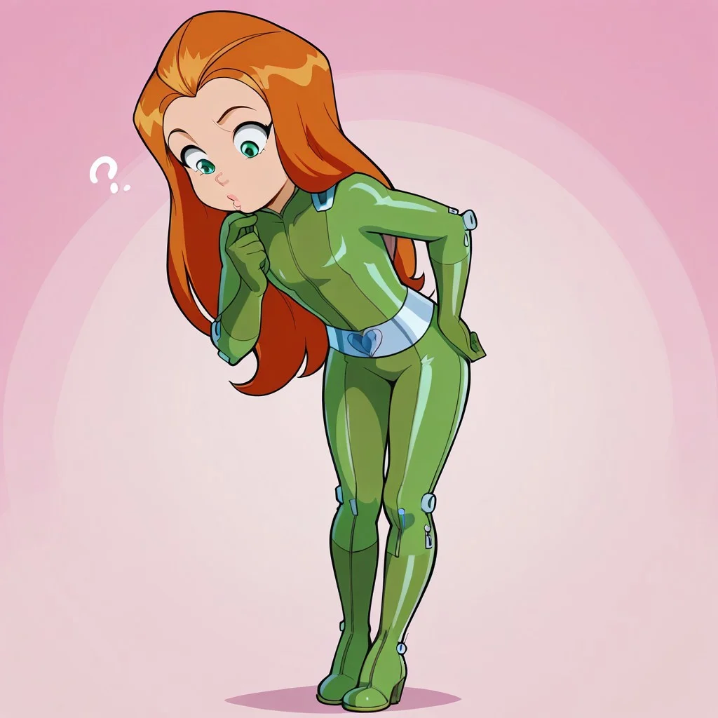 sam_totally_spies, long hair, orange hair, green eyes, green bodysuit,
masterpiece, best quality, amazing quality, very aesthetic, absurdres,
1girl, solo, ((short)), young, flat_chest1.9, Shortstack,
full body,
Standing, looking down, confused, finger on chin