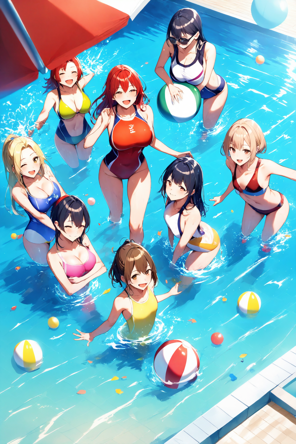 6+girls, swimsuits, large breasts, flat chest, diverse body types, sexy poses, wet hair, pool water, splashing, laughing, smiling, blonde hair, brown hair, black hair, red hair, colorful swimsuits, sunglasses, beach balls, inflatables BREAK bird's eye view, from above, pool overview, sunny day, bright colors, reflections on water, shallow depth of field, masterpiece, best quality, absurdres