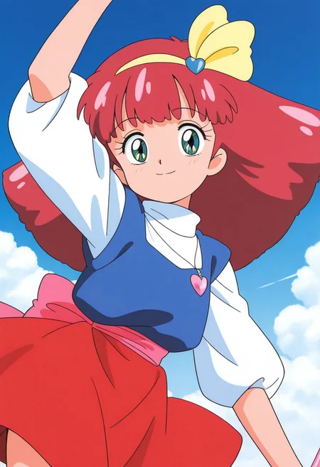 masterpiece, best quality, source_anime,official art,perfect_anatomy,1990s_\(style\),retro_artstyle,minky momo,magical girl,green eyes,hairband,red hair,jewelry,turtleneck,puffy sleeves,looking_at_viewer,smile,armpit,dancing,wand,cowboy shot,red skirt,close to viewer,day,blue_sky,cloud