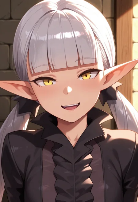 masterpiece,best quality,amazing quality, belzebuth, grey hair, pointy ears, twintails, elf, yellow eyes, 1girl, solo, smile, open mouth, long hair, looking at viewer, upper body, blunt bangs