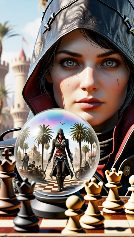 (epic:1.2), trending on artstation, (high quality:1.2), (masterpiece:1.2), high details, incredibly absurdres, colorful), (Leonard Boyarsky Style:1.17), (Cyberpunk:1.27), (melancholy:1.25), (quirky:1.16), (Fantasy Art:1.33), (Outsider Art:1.25), (low_angle:1.36) (telephoto shot:1.14) ,, (character: Assassin's Creed Syndicate, (Evie Frye:1.16)), detailed eyes, perfect eyes, Proper Anatomy, , (color scheme:(iridescent:1.33)),(object:Board Game Pieces, (chessboard:1.24) (liquid glass sphere:1.21) ( split depth:1.36)), (location:(desert, palm trees, cati:1.27))