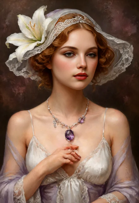 A full-body oil painting of A French Maiden in the Belle Ãpoque Embracing the elegance of the ((ArtDeco)) era, she embodies the grace of a lily with (loose waves adorned with white highly revealing transparent laces), eyes aglow with sensual delight, ((embellishing blush)), (white translucent skin, pale skin, royal fair, porcelain white like skin, with a hint of freckles) ((dressed in her skimpy attire tailored for temptation)), featuring soft white fabrics and delicate (flourished patterns, natural floral ornaments), accessorized with an ((amethyst necklace)) and a (white lily-colored velvet full-body veil inspired by Art Deco, lace-accented and blossoming). Completing her ensemble, she wears (lavender silk stockings with garter straps). inspired by the alluring art of Janis RozentÄls and (Anselmo Govi). <lora:add-detail-xl:1> <lora:aidmaMidjourneyV6.1-v0.1:0.5> <lora:SDXLFaeTastic2400:0.5>