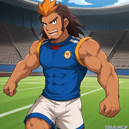 Score_9, cartoon source, toon source, high Quality, wolfconf, 1boy, solo, HIJIKATA RAIDEN, Brown hair, black eyes, muscle body, two-tone hair, dark skin, soccer uniform (white shorts, blue sleeveless shirt), muscle arms, goatee, soccer camp,
