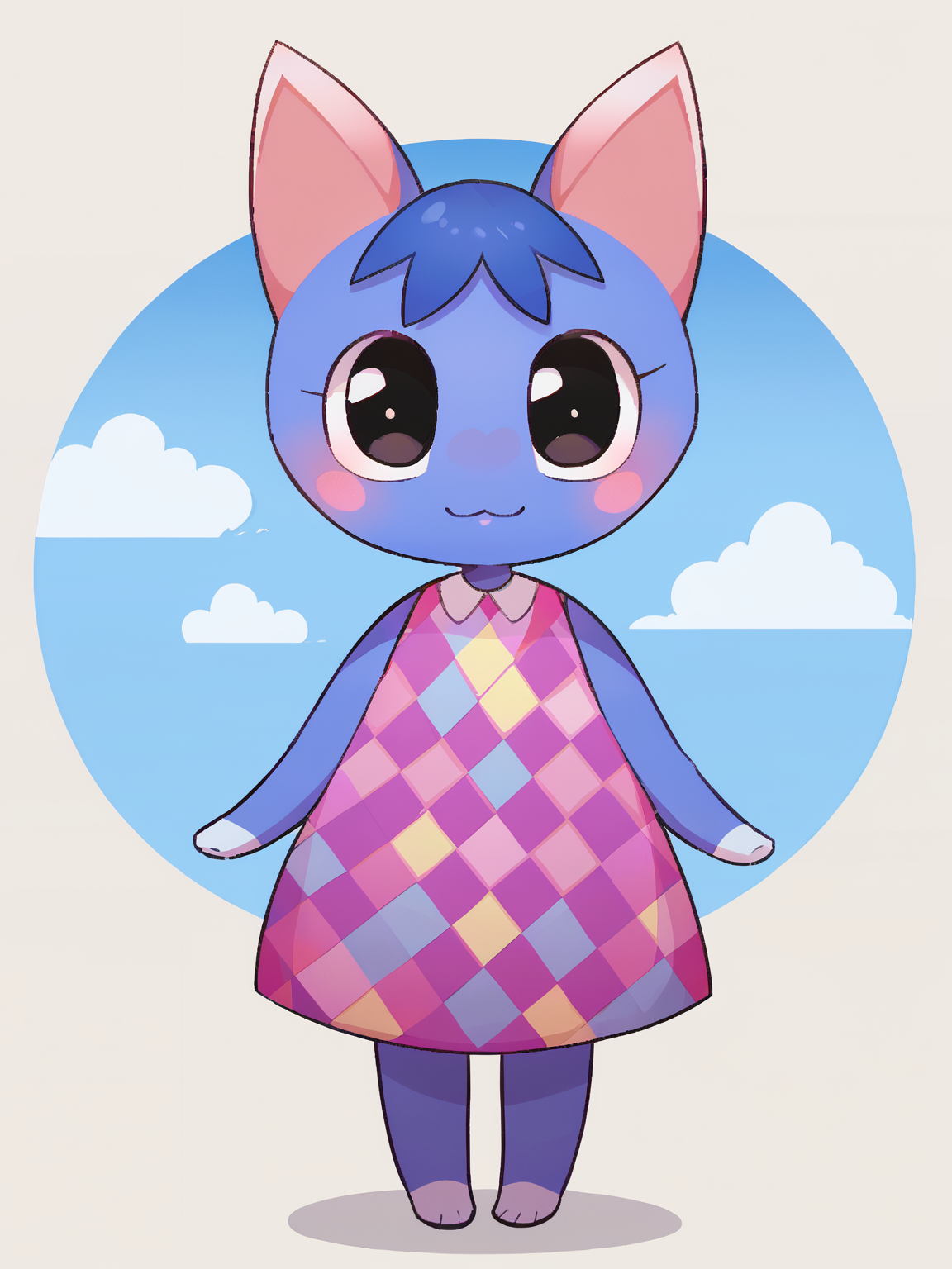 score_9, score_8_up <lora:Rosie-PONY:1> rosie, female, solo, standing, :3, black eyes, argyle dress, looking at viewer, sleeveless dress, cute, sticker blush