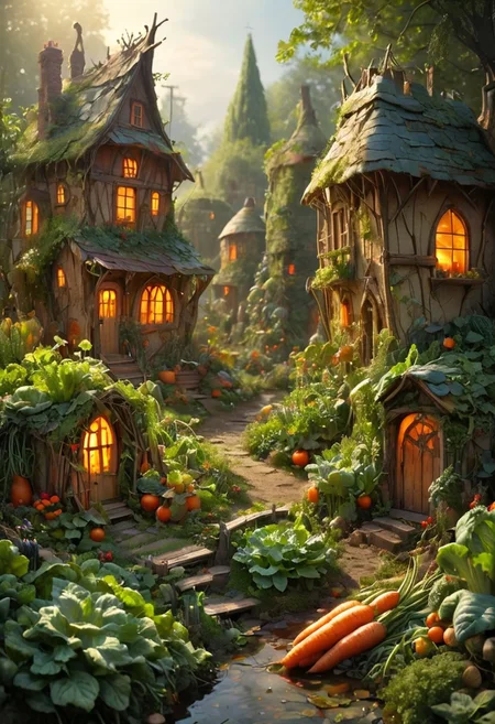 Vegetables houses, Designed houses made from various vegetables. Picture a vibrant scene with carrot cottages, tomato towers, and leafy greens forming the village landscape. The atmosphere is mystic and dreamy, with soft, glowing lights illuminating the vegetable homes. Delicate details like tiny elf gardens, miniature bridges made of twigs, enhancing the enchanting feel of this vegetable wonderland.
[style of greg rutkowski,janek sedlar,jenny saville:0]  <lora:vivid_everclear:0.35>  <lora:Sinozick:0.35>  <lora:MJ52:0.35>