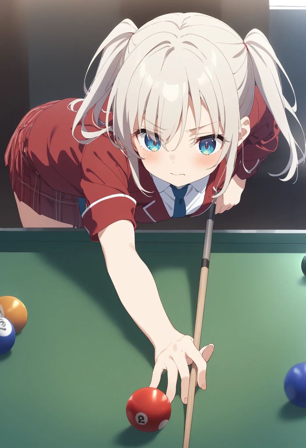 1girl,sincos, ningen mame, toosaka asagi,solo,medium breasts,school uniform,
billiards,cue stick, billiard ball, pool table, indoors,<lora:billiards_XL_v1:0.8>
from above, upper body, looking to the side, white hair, brown eyes,grimace,closed mouth, twin drills hair,,
best quality, very aesthetic, absurdres