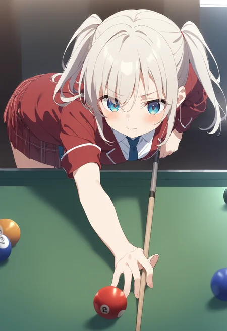 1girl,sincos, ningen mame, toosaka asagi,solo,medium breasts,school uniform,
billiards,cue stick, billiard ball, pool table, indoors,<lora:billiards_XL_v1:0.8>
from above, upper body, looking to the side, white hair, brown eyes,grimace,closed mouth, twin drills hair,,
best quality, very aesthetic, absurdres