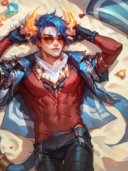 score_9, score_8_up, score_7_up,  ApheliosLB, 1man, solo, face makeup, blue eyes, short blue hair, two gold horns, white scarf, stylish jacket, red t-shirt, black pants, concept art, Lying on a beach lounger on the beach, sunglasses on forehead, coctail in hand <lora:ApheliosLB:1>  <lora:Concept Art Style SDXL_LoRA_Pony Diffusion V6 XL:1>