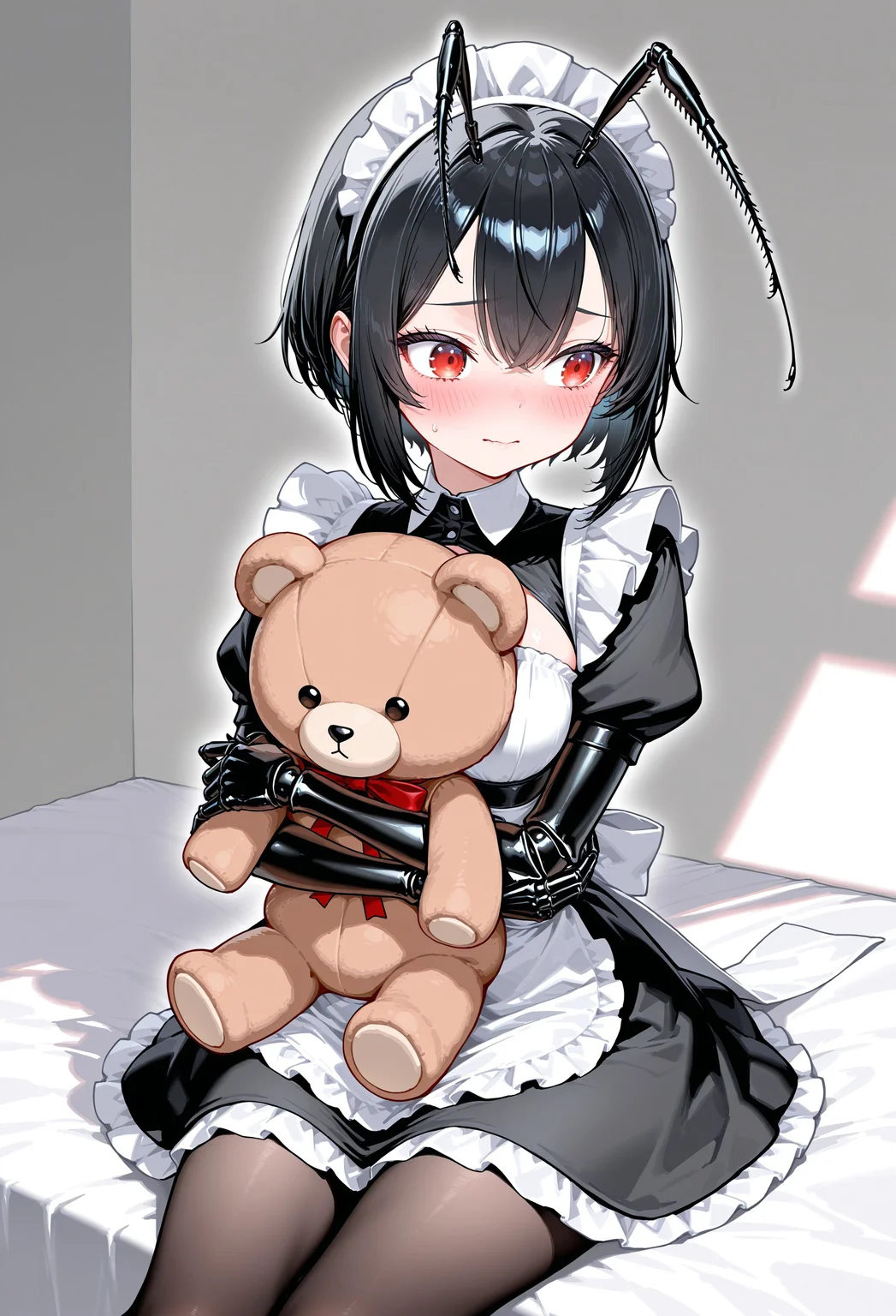 masterpiece,amazing quality,best quality,ultra-detailed,8K,
BREAK
stuffed animal, stuffed toy, teddy bear, hugging a teddy bear, sitting on a bed, in the shade,
BREAK
1girl, solo, Tra-chan, anthropomorphic girl, red eyes, black hair, bob hairstyle, mantis girl, black mantis, maid costume, shy, cute, blush, big eyes