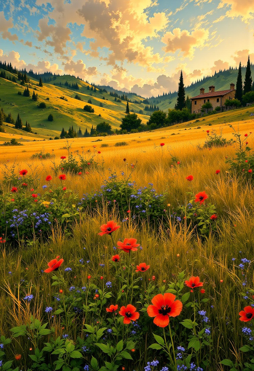 Tuscany Sunlit Meadow – Wildflowers & Rolling Hills
"A sunlit meadow in the heart of Tuscany, where golden grasses meet rolling hills bathed in the warmth of a late summer sunset. Patches of red poppies and purple lavender add splashes of color, their delicate petals swaying in the gentle breeze. In the distance, a small farmhouse with a terra-cotta roof nestles among tall cypress trees, adding to the serene countryside charm."