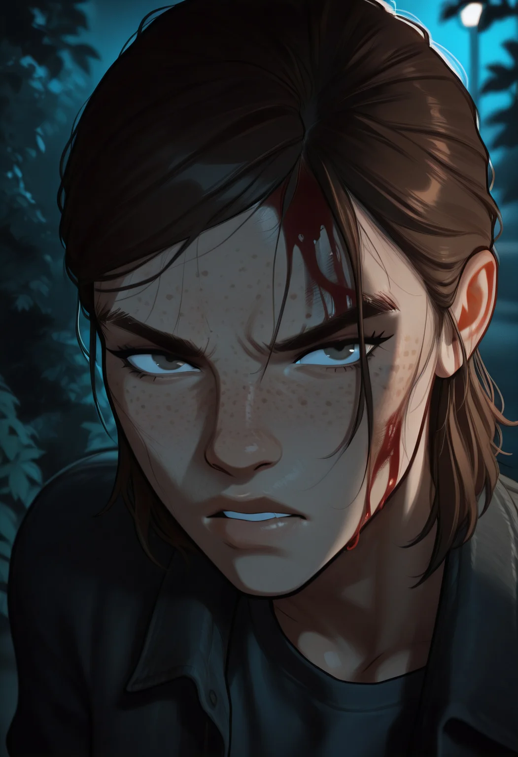 masterpiece,best quality, beautiful lighting, mrporty, dark, shadows, cold lighting, night, blue lighting,1girl, solo, EllieLOU, brown hair, medium hair, hazel eyes, eyebrow slit, freckles, looking at viewer, facing viewer, close up, portrait, scowl, parted lips, angry, blood splatter, blood on face, hair strand, shirt, jacket, eyebrow scar,depth of field, blurry background, foliage,