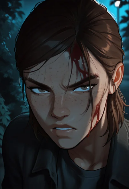 masterpiece,best quality, beautiful lighting, mrporty, dark, shadows, cold lighting, night, blue lighting,1girl, solo, EllieLOU, brown hair, medium hair, hazel eyes, eyebrow slit, freckles, looking at viewer, facing viewer, close up, portrait, scowl, parted lips, angry, blood splatter, blood on face, hair strand, shirt, jacket, eyebrow scar,depth of field, blurry background, foliage,