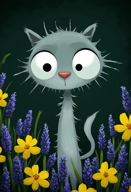 A whimsical illustration of a grey cat with spiky fur in dark whimsical art style, standing among lavender and yellow flowers, digital painting with expressive brushstrokes showing textured fur, dark green background, characteristic Tim Burton inspired design with huge round eyes and pink nose