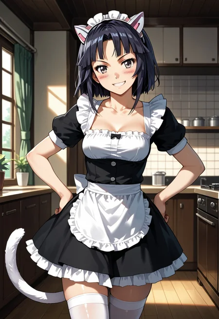 score_9,score_8_up,score_7_up,source_anime, tsugumi (guilty crown),1girl,solo,looking at viewer,blush,smile,thighhighs,collarbone,tail,indoors,apron,white thighhighs,zettai ryouiki,cat tail,maid,hands on hips,gokou ruri, fake cat ears,