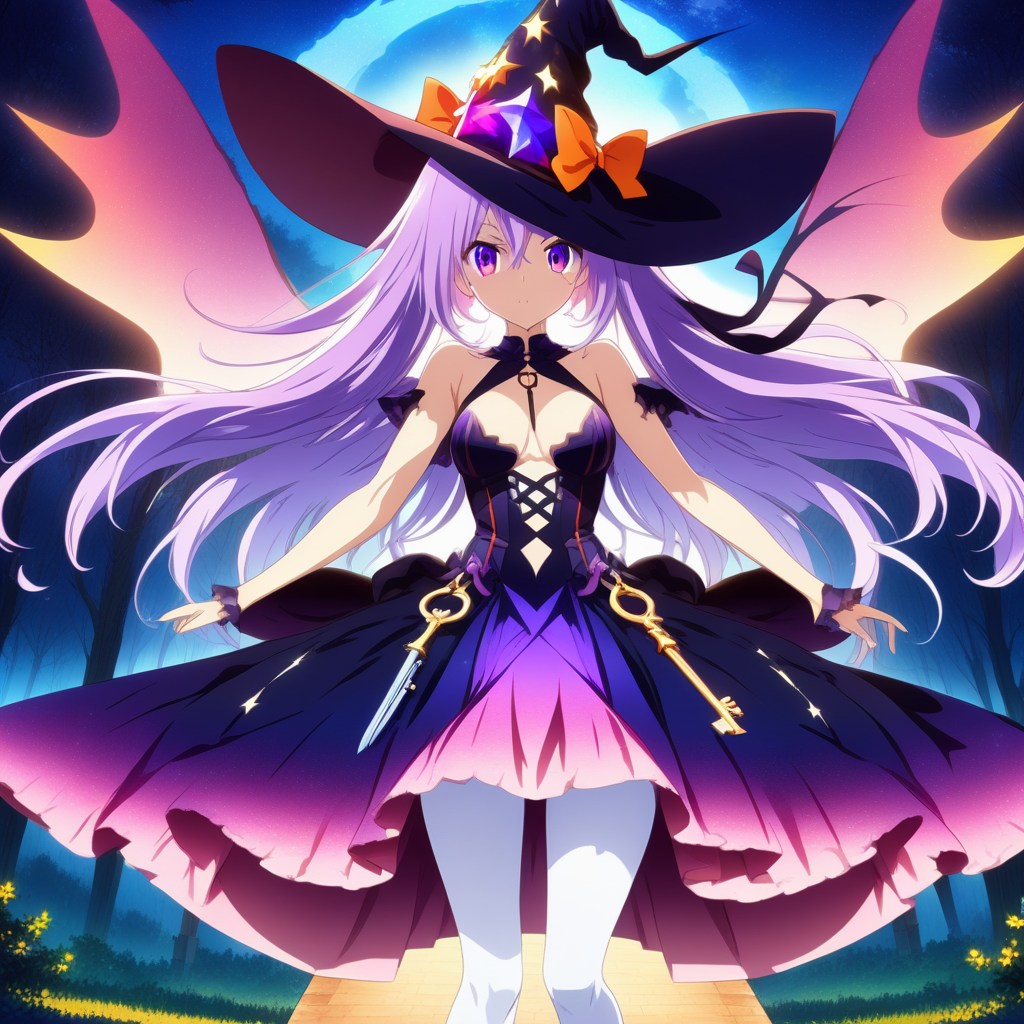 sky, outstretched arms, gradient hair, ass, wings, braid, hat bow, witch hat, ahoge, pink eyes, key, starry sky, white pantyhose, cleavage, dress, cape, hair between eyes, weapon, purple bow, sword