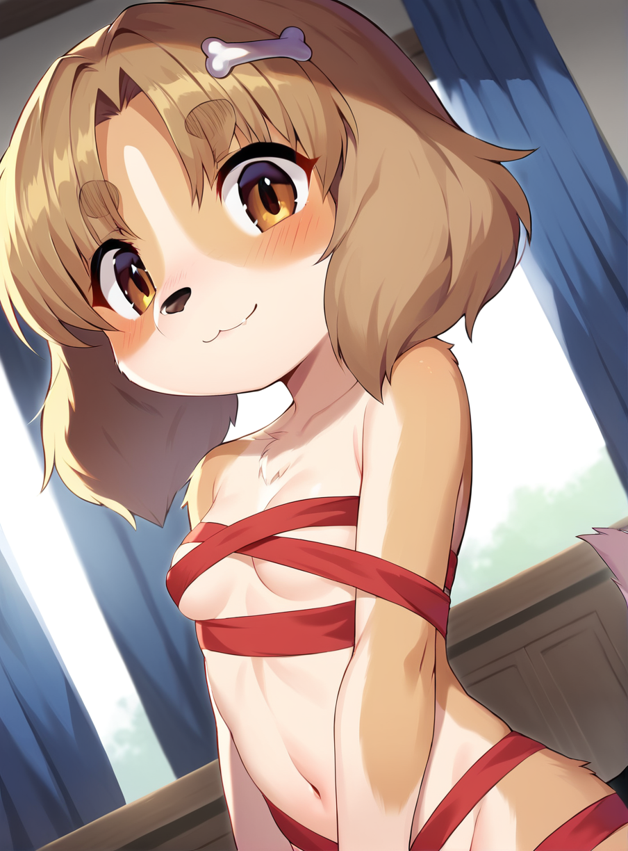 Solo, 1girl, female, young, small body, shortstack, cute face, furry, kemono, anthro, body fur, dog ears, dog tail, dog girl, small breasts, body fur, bone hair ornament, brown hair, brown eyes, animal nose, bangs, thick eyebrows, short hair, detailed eyes, detailed skin, detailed eyes, perfect face, smug expression, hard blush, BREAK body ribbon, ribbon, naked ribbon, BREAK bedroom, indoors, colorful, looking at viewer, dutch angle, BREAK ((ultra-detailed)), ((best quality)), ((best quality)), ((beautiful eyes)), ((extremely detailed)), 4K, (8K), best quality, (beautiful), Master piece, highres, score_9, score_8_up, score_7_up, score_6_up, score_5_up, score_4_up, colorful, best quality, official art, highres, masterpiece, nai3, god light, detailed background, high quality background, AddXL, <lora:more_details:1> <lora:light_sharp_style_magin3.1-000040:1>  <lora:body ribbon_pony_V1.0:0.8> <lora:Mugi_Koyama:1>