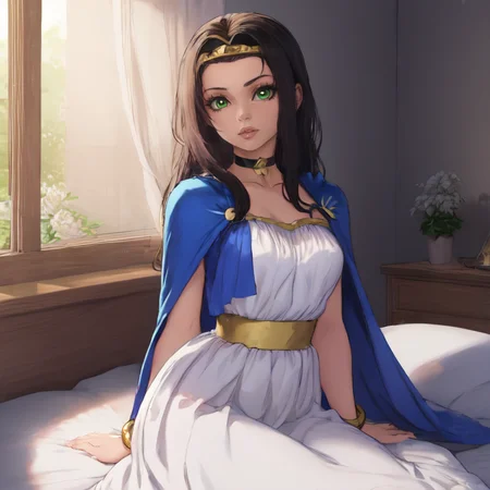 solo, cowboy shot, <lora:Medea_Dragon_Quest_VIII:0.7>, medea_dq8, 1girl, long hair, green eyes, black hair, jewelry, circlet, bracelet, choker, dress, blue cape, sitting, on bed, indoors, open window, <lora:goodHandsStr06-09:0.8>, absurdres, [perfect shadows and lighting], detailed background, incredible high-key lighting, masterpiece, high quality, detailed, extremely detailed, ambient soft lighting, 4K