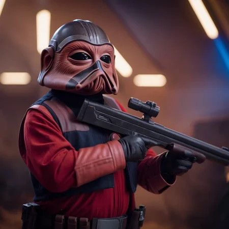 cinematic film still of <lora:Nien Nunb:1.2>
Nien Nunb a person in a costume holding a gun in star wars universe, shallow depth of field, vignette, highly detailed, high budget, bokeh, cinemascope, moody, epic, gorgeous, film grain, grainy