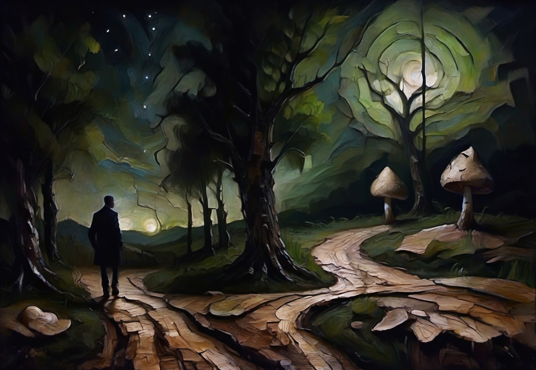 a surrealist painting of a dark meandering country road made out of (Jed-brk), night, birch trees, a dark human figure, green moonlight, swirly, ((stars)), dark-grasshrooms, dark, backlit, low key, sidelight, silhouette, depth of field, blurry foreground