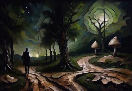 a surrealist painting of a dark meandering country road made out of (Jed-brk), night, birch trees, a dark human figure, green moonlight, swirly, ((stars)), dark-grasshrooms, dark, backlit, low key, sidelight, silhouette, depth of field, blurry foreground
