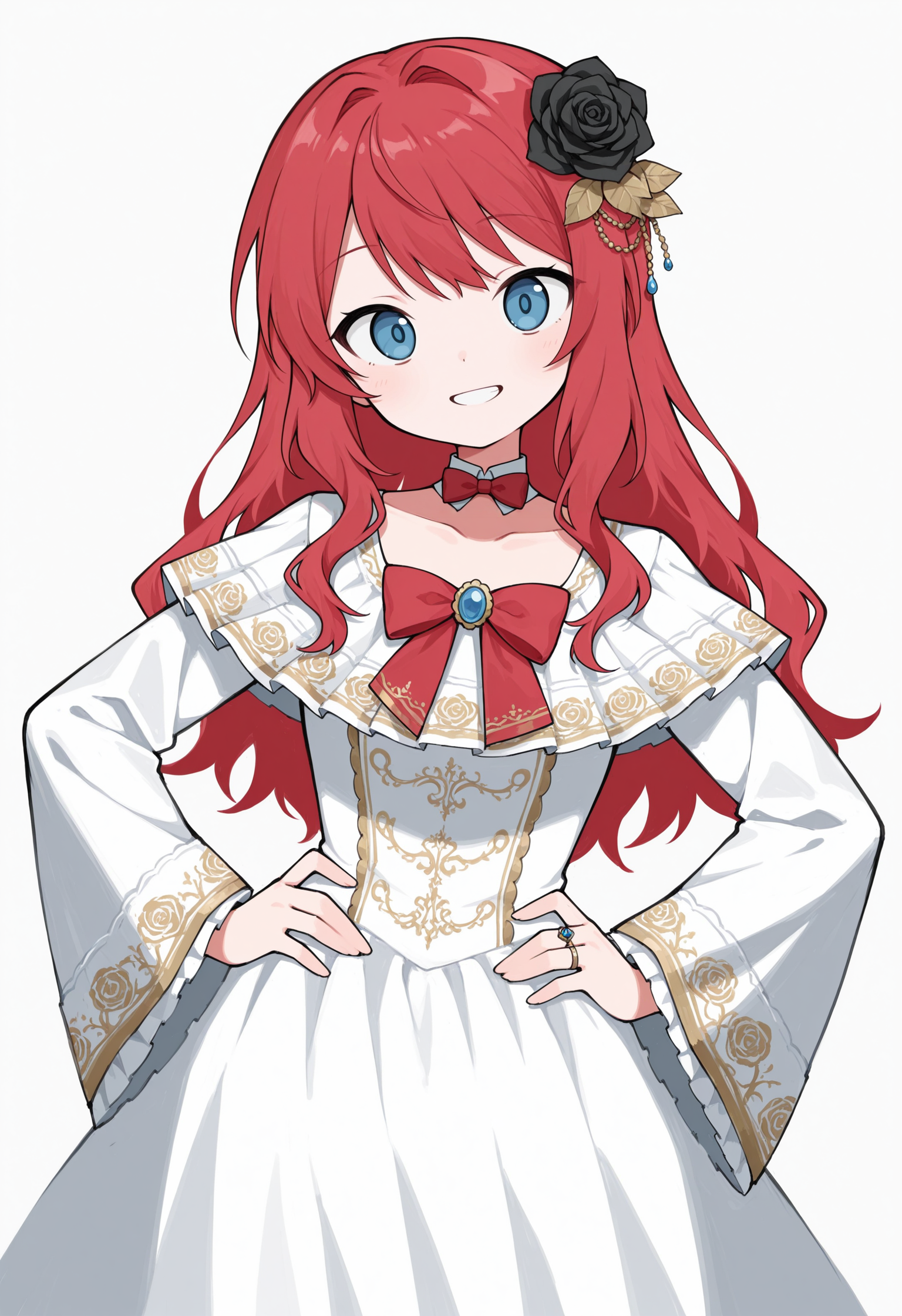 (masterpiece), (best quality), (ultra-detailed), amazing quality, very aesthetic, illustration, newest, colorful, <lora:odayaka_style:1>, odayaka-ill, 
1girl, red hair, blue eyes, bow, bowtie, white dress, collarbone, dress, flower, grey background, grin, hair flower, hair ornament, hand on own hip, jewelry, long hair, looking at viewer, red bow, red bowtie, black flower, black rose, ring, rose, simple background, smile, solo, wide sleeves, ornate dress, gold trim, victorian,