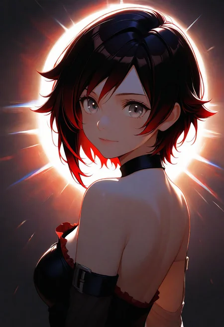 1girl, Ruby Rose, back lighting, dark, multicolored background, masterpiece, best quality, very aesthetic