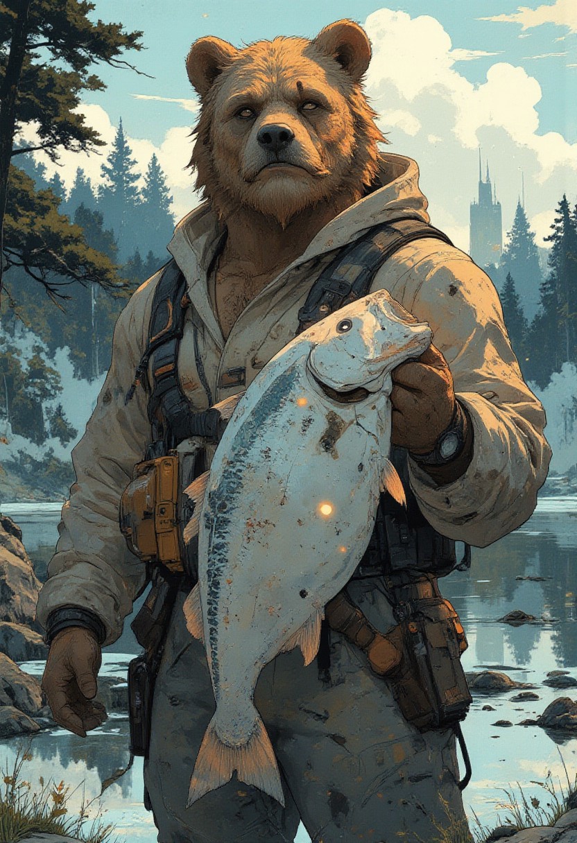 A cheerful scene featuring a large, friendly brown bear standing upright beside a man holding a giant fish. The man has a confident and joyful expression, wearing a warm fur-lined hat and outdoor clothing suitable for fishing. He stands near a calm lake, surrounded by a natural forested background under a cloudy sky. The bear leans slightly toward the man, appearing supportive and amicable, adding a humorous and whimsical touch to the scene. The vibrant details of the fish's shiny scales, the man's sturdy attire, and the bear's fluffy fur create a sense of realism mixed with lighthearted fantasy. Focus on the interplay between the serene natural setting and the lively, dynamic interaction between the bear and the man.
 <lora:Anime v1.3:1.2> <lora:Blue_Future:0.9> <lora:Ethereal_Brush_Anime_v1.0:0.6> <lora:It's a LoRA for portraits, BUT! actually specialized in backgrounds. v1.0:0.2>