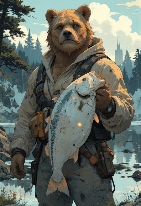 A cheerful scene featuring a large, friendly brown bear standing upright beside a man holding a giant fish. The man has a confident and joyful expression, wearing a warm fur-lined hat and outdoor clothing suitable for fishing. He stands near a calm lake, surrounded by a natural forested background under a cloudy sky. The bear leans slightly toward the man, appearing supportive and amicable, adding a humorous and whimsical touch to the scene. The vibrant details of the fish's shiny scales, the man's sturdy attire, and the bear's fluffy fur create a sense of realism mixed with lighthearted fantasy. Focus on the interplay between the serene natural setting and the lively, dynamic interaction between the bear and the man.
<lora:Anime v1.3:1.2> <lora:Blue_Future:0.9> <lora:Ethereal_Brush_Anime_v1.0:0.6> <lora:It's a LoRA for portraits, BUT! actually specialized in backgrounds. v1.0:0.2>