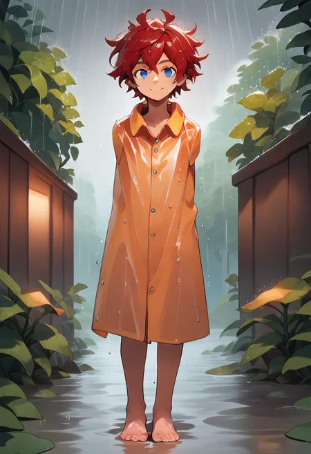 score_9, score_8_up, score_7_up, source_anime, source_cartoon, 1boy, male, solo, armless, red hair, blue eyes, messy hair, cute, smile, barefoot, raining, outside, detailed_background, raincoat,standing, <lora:Armless_PonyXL_V1:1.3> <lora:OtherStyle_03:0.7>