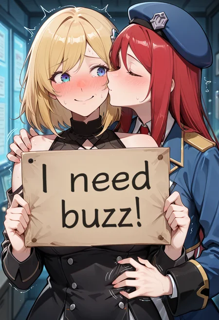 masterpiece, best quality, amazing quality, very aesthetic, absurdres, newest, detailed background, 2girls, kissing cheek, embarrassed, hand on another's shoulder, holding sign, "Need buzz", <lora:NeedBuzz_sign_Illustrious:1>, tickling sides, tickling belly, 
<lora:Olivia:0.8>, oliviambsk, blonde hair, medium hair, bangs, swept bangs, blue eyes, breasts, official art, embarrassed, smile, hand on shoulder, holding sign, "Need buzz", tickling, 
 tsubaki yayoi, red hair, blue eyes, long hair, noel vermillion, military uniform, beret, red ribbon, kissing cheek, holding sign, "Need buzz", tickling sides, tickling belly, hands on another