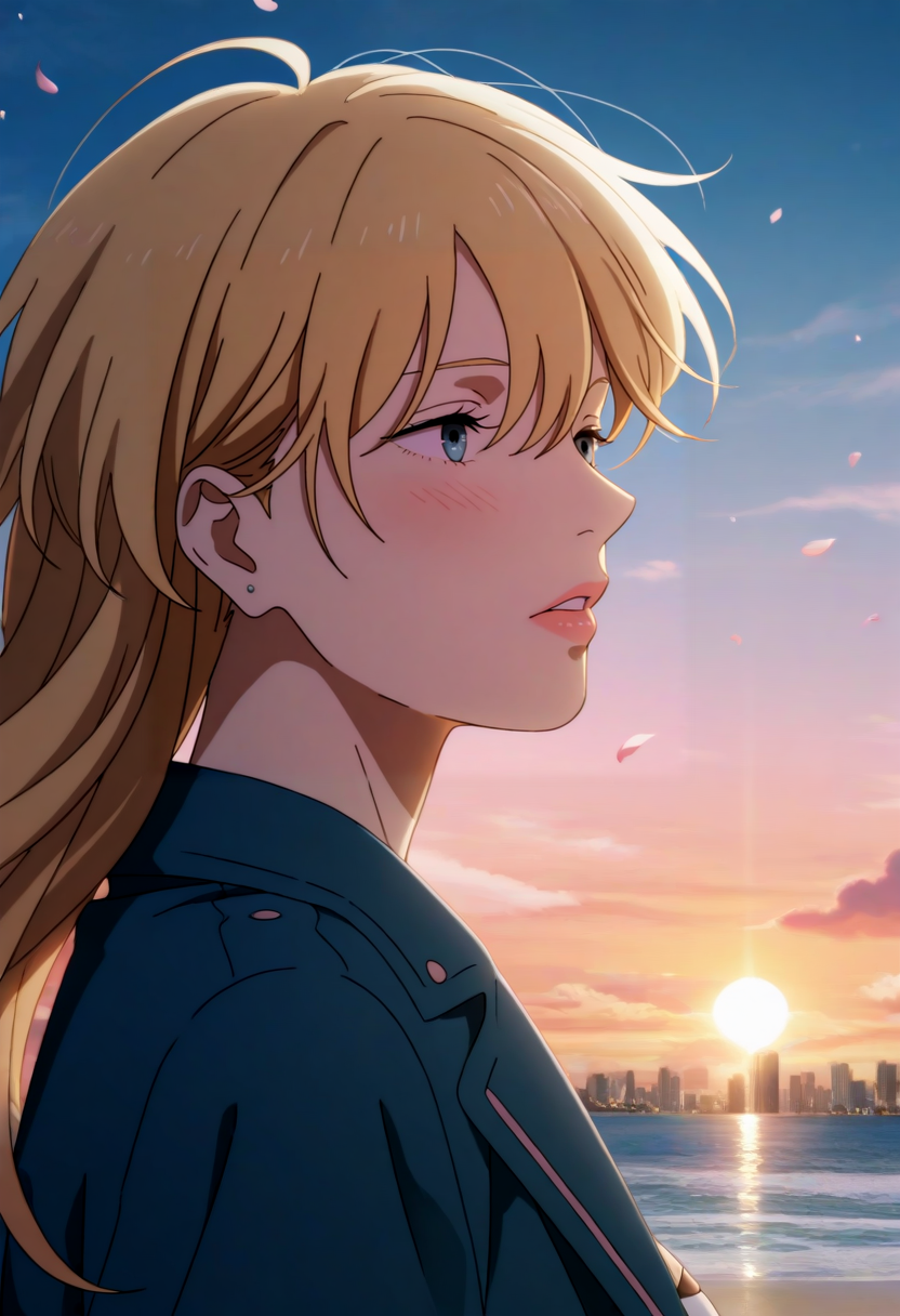 workoutfit1, 1girl, long blonde hair, bangs, messy hair, blue eyes, medium breast, cleavage | blue jacket, cropped jacket, short jacket, collared jacket, long sleeves, pink trim | white light-colored vest, sleeveless vest, buttoned vest, black bra (visible under vest), tube top (visible under vest), midriff (visible) | black long pants, ripped knees, torn pants,  
<lora:Christine_Lazarus _IL:1>
 Cyberpunk Style, cyberpunk, science fiction, hi tech, future tech, neon, (Cybernetics:1.25), (Neon Cityscape:1.4), (lineless:1.5), smooth edges, (lighten the face:1.5), tall body, slender body, fit body, long legs, In the image, there is a young woman with long hair and striking eyes. She has soft pink blush on her cheeks . The background suggests it's either dawn or dusk, given the warm hues in the sky, which transitions from the deep blues of night to the soft pinks of early morning or late afternoon. The woman is standing outdoors, facing towards the left side of the image. She appears to be gazing off into the distance with a contemplative expression on her face. The sun is visible in the top right corner, casting a golden glow over the entire scene and creating a lens flare effect on the camera lens, adding a sense of depth to the photo. In the background, there are blurred elements that suggest a coastal setting, with the horizon line visible. There are also small flowers scattered around the woman's feet, adding to the serene atmosphere of the image. The overall mood of the image is one of introspection and tranquility., looking at viewer, blush, open mouth, , , upper body, pink hair, sidelocks, outdoors, parted lips, sky, teeth, day, shiny, cloud, , water, blurry, shiny hair, from side, blue sky, lips, , looking to the side, petals, eyelashes, profile, floating hair, depth of field, blurry background, ocean, , looking away, beach, expressionless, sunlight, blazer, cloudy sky, cherry blossoms, wind, portrait, straight hair, light particles, close-up, lens flare, backlighting, light blush, sunset, light rays, blurry foreground, pink lips, sun, horizon, light, looking afar, pink theme, bokeh, twilight, evening, gradient sky, orange sky, dusk, sunrise, sidelighting, pink sky.