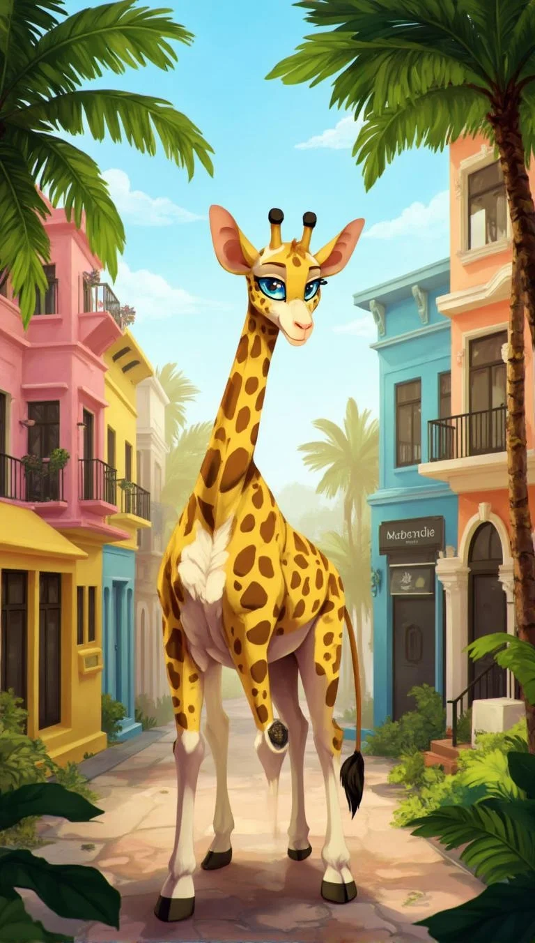 <lora:ck-LttleGhost-000011.safetensors:1> in the style of ck-lttlegh0stA cheerful giraffe with a yellow coat and brown spots stands on a colorful tree-lined street, surrounded by pink, yellow, and blue buildings, lush foliage, and swaying palm fronds. The giraffe's expressive blue eyes gaze off to the left as it poses elegantly, its small horns adding a touch of nobility.