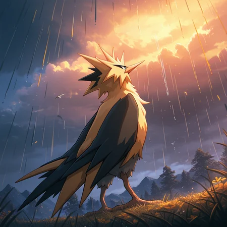 ((vibrant, detailed, detailed background, amazing quality, colorful, masterpiece, 8k, rtx)), beutiful background,
<lora:zapdos-illus-14:1> pzapb, pokemon \(creature\), bird, 1other, cloud, from below, standing, low angle, arms at side, looking up, dynamic angle, after rain, from behind,