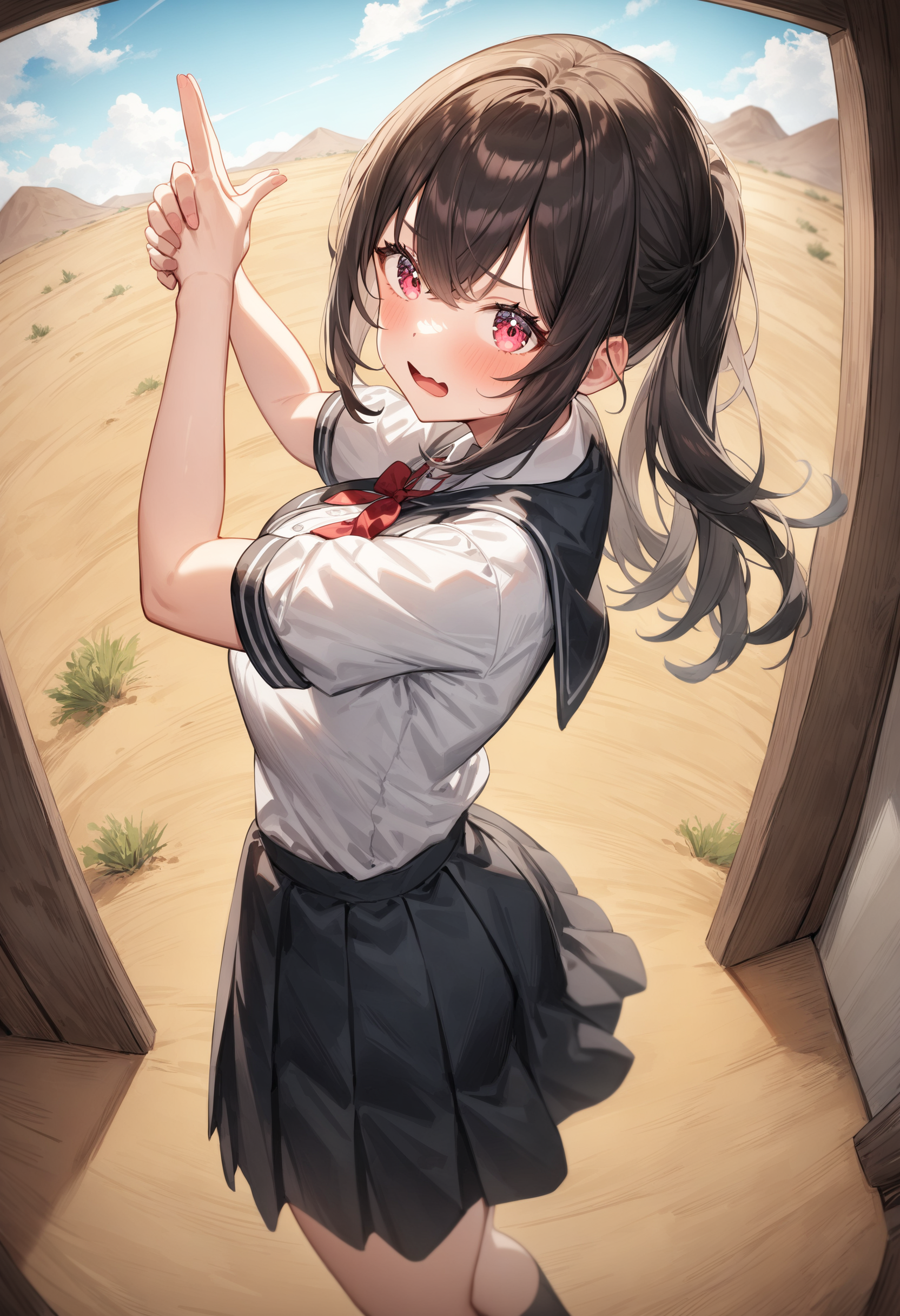 1girl, <lora:sdxl2-flat2-512b:-1>,medium breasts,school uniform,
dual finger gun,<lora:dualfingergun_XL_v1:0.8>
from side, fisheye lens, looking back, confused, desert, open mouth,
masterpiece, best quality, very aesthetic, absurdres