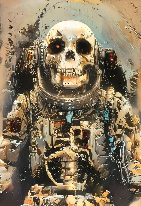 score_9,score_8_up,score_7_up, ((masterpiece,best quality)),absurdres, John Harris Style page, style of Simon Bisley, Simone Martini Style, space_space, dead astronaut, skeleton in a space suit, torn rusty dirty white american space suit, broken space suit helmet, glass shards, floating through space, space stars galaxy background,