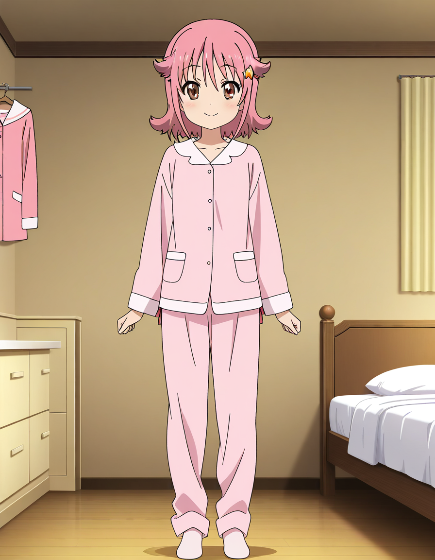 general,highres, ultra-detailed,very aesthetic,best quality ,best hands,  BREAK <lora:Subaru_Houkago_no_Pleiades_IS:1>subaru(Pleiades), 1girl, solo, pink hair, short hair, brown eyes, star hair ornament, anime coloring,
full body, smile,  flipped hair, pink pajamas,ãsmile,
looking at viewer, standing,  reference sheet, solo,
bed room,