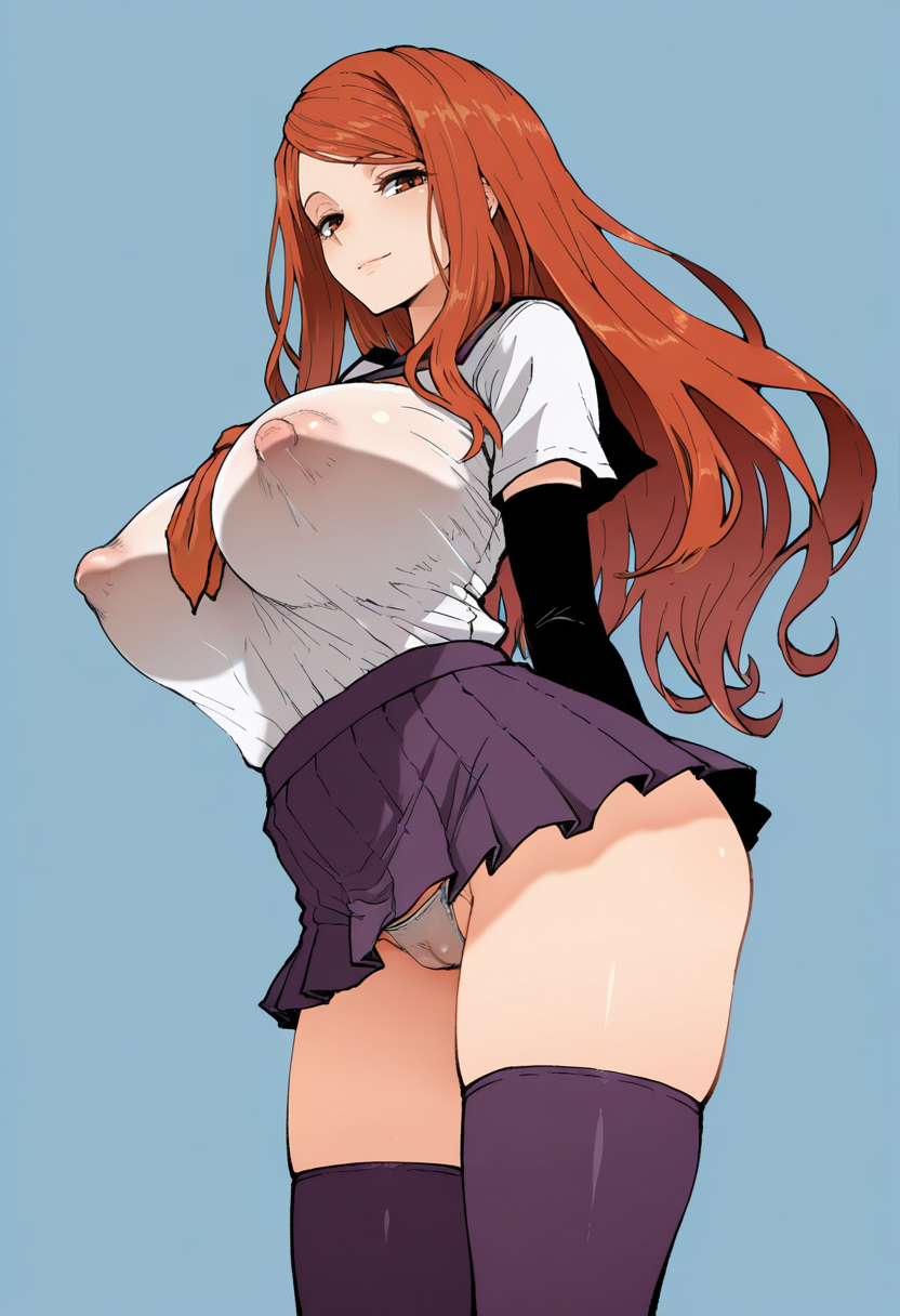 masterpiece, best quality,
 <lora:ahemaru:1> 4h3m4r0,
1girl, solo,
Sideways
looking at viewer, light smile, 
sorceress \(dragon's crown\),red hair, long hair,  large breasts, 
school uniform, miniskirt, covered nipples, see-through clothes, thighhighs, panties, cameltoe, 
simple background, Blue  background,