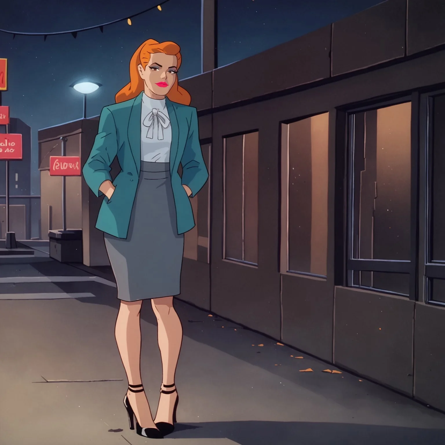 safe_pos, score_9, score_8_up, score_7_up, solo, 1girl, lipstick, makeup, long hair, orange hair, brown eyes, aqua jacket, white shirt, ribbon, pencil skirt, grey skirt, high heels, looking at viewer, Summer Gleeson, middle of the city, street, night, standing, seductive, flirting