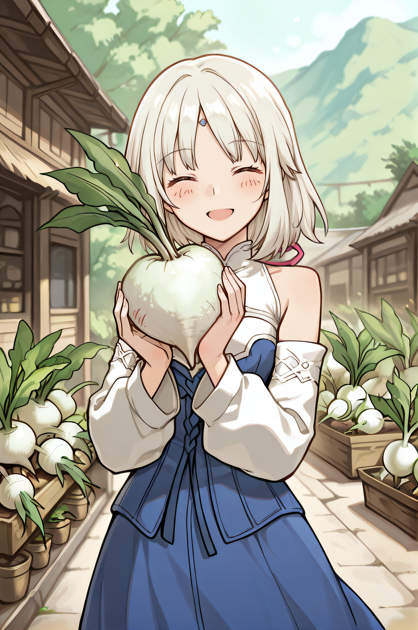masterpiece, best quality, highres, newest, 1girl, solo, official style, <lora:Mist_RF:1>, mistrf, light hair, closed eyes, blue dress, detached white sleeves, bare shoulders, outdoor, looking at viewer, smile, cowboy shot, scenery, holding turnip, five fingers, open mouth, blush