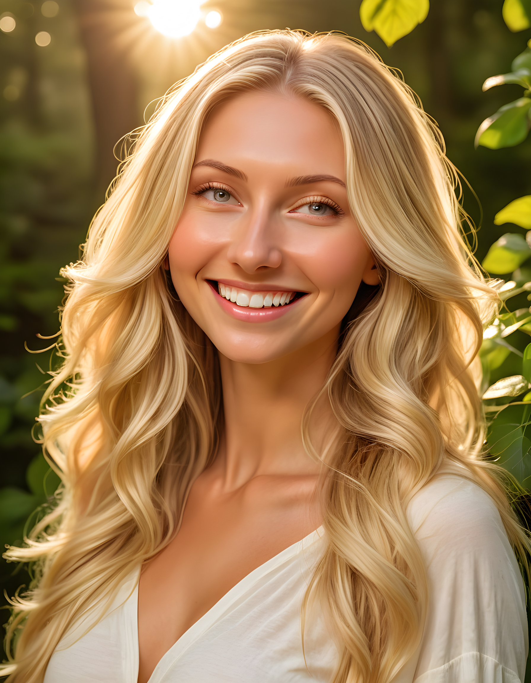 In a vibrant outdoor setting under the soft, golden glow of a setting sun, Kemkin, a captivating blonde woman with long, cascading hair and a radiant smile revealing perfectly white teeth, gazes intently into the viewer's eyes in a poised close-up portrait, her expressive lips subtly curled in an enigmatic smile. The lush greenery of nearby trees and flowers serve as a beautiful backdrop, casting dappled shadows over her radiant visage.