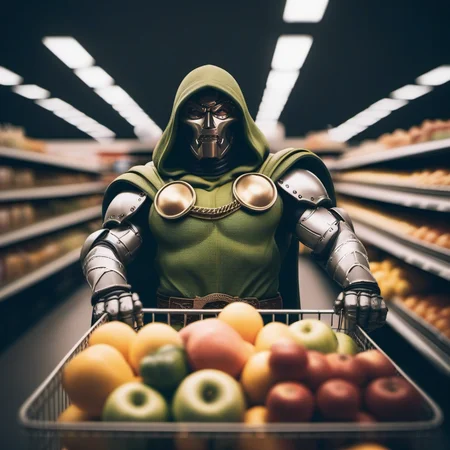 cinematic photo DrDoom1024, full body, a man with a mask and a hood ((grocery shopping)), wallmart <lora:DrDoom1024:0.8> . 35mm photograph, film, bokeh, professional, 4k, highly detailed