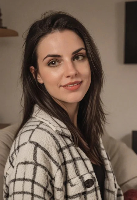 30yo woman wearing Plaid Polar Fleece Shacket with white textures
long black dark hair slick back and smooth. Kissface.
smile. Looking at camera. POV.
happy.
Living room. Fully furnished.
Night time.
Portrait.