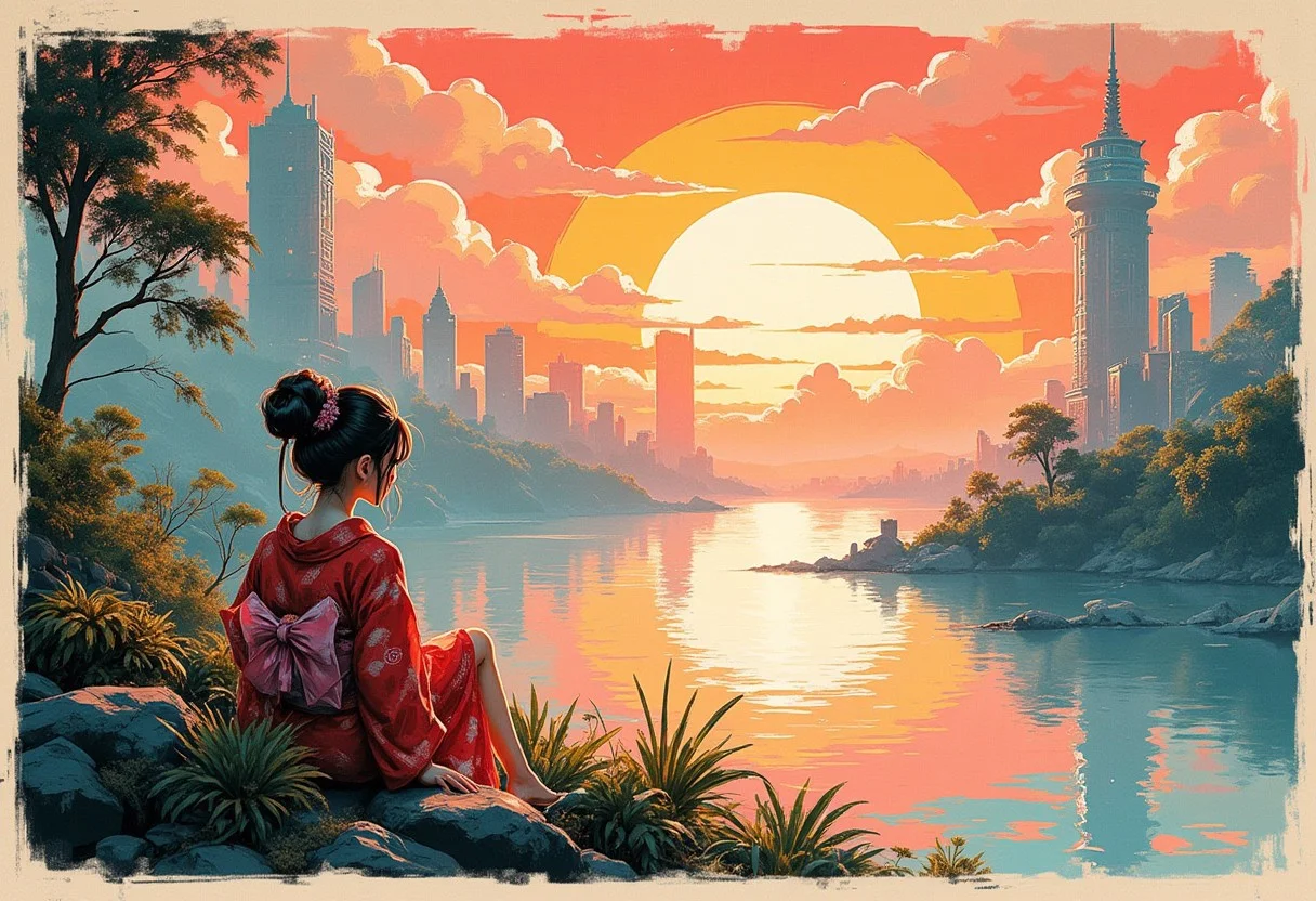 manga illustrations, anime, ukiyo-e, ink block print, woman in kimono sitting by riverside, relaxing and watching the sunset, cel shading, floating cityscape, lush plants, radiant sunset, soft glowing orange and pink sky, clouds drifting around tall buildings, futuristic architecture, vintage elements, ethereal golden light, digital ink block effect, flat colors, limited color palette, watercolor wash, parts fading as if washed away, hatching, pencil shading, chiaroscuro, soft blurred edges, mystical atmosphere, mythological landscape, glowing warm tones, misty air, gentle light rays filtering through, aged and worn,