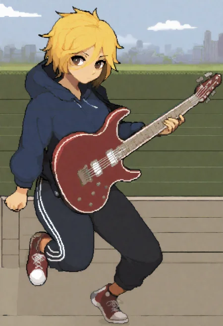 masterpiece, best quality, newest, absurdres, highres, (pixel art:1.3), outdoors, closed mouth, 1girl, solo, dimaria, brown eyes, bangs, short hair, blonde hair, hair between eyes, hoodie, sweatpants, holding instrument, electric guitar, dynamic pose, full body, sneakers, cityscape <lora:Dimaria_Yesta_all_in_one_last_Illustrious:1>