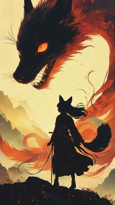 Bosstyle,Silhouette of a Woman fighting a giant DARK mononoke Monster Boss resembling a ethereal fox with seven tails: Capture the essence of nostalgia and color in this vintage photograph. Dominating the scene is a meticulously detailed,translucent dark-red Blood filled firefox,adorned with vibrant patterns,blending seamlessly with its surroundings. Its long tail,composed of intricately woven ribbons in a spectrum of colors,trails behind,adding to the spectacle of the moment. Amidst the quietude of the night,its presence exudes a sense of ancestral strength and resilience. Behind it,the low-toned hues of the Milky Way cast a mesmerizing backdrop,a cosmic tapestry weaving tales of both past and future. In this moment,the convergence of tradition and technology,of ancient wisdom and industrial progress,hangs palpably in the air.,atmospheric haze,Film grain,cinematic film still,shallow depth of field,highly detailed,high budget,cinemascope,moody,epic,OverallDetail,2000s vintage RAW photo,photorealistic,candid camera,color graded cinematic,eye catchlights,atmospheric lighting,imperfections,natural,shallow dof,