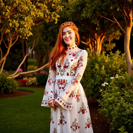 surrealist art Art Nouveau style A beautiful redhead woman wearing a stylish, flowing bohemian high neck dress adorned with intricate floral patterns. The dress has long, bell-shaped sleeves and a layered skirt that dances gracefully as she moves. Her hair is styled in loose waves with a subtle braided crown. She stands in a lush garden filled with vibrant flowers and greenery, illuminated by warm, golden sunlight. Her expression is serene and joyful, complementing the natural beauty of the scene, at night, beautiful smile, sensual pose, playfully smiling <lora:jialissa-ultimatev2:1> . elegant, decorative, curvilinear forms, nature-inspired, ornate, detailed . dreamlike, mysterious, provocative, symbolic, intricate, detailed