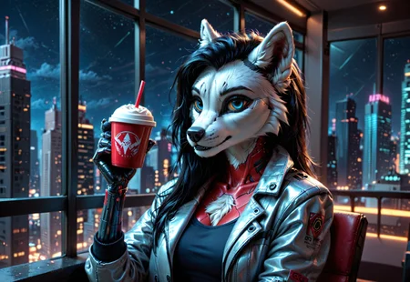 score_9, score_8_up, score_7_up, score_6_up, photorealistic, epiCPhotoGasm-colorfulPhoto, Realistic, highres, super high resolution, 8k, photo, furry, Furry, anthro, fur, wolf, female, long black hair, implants, implant eye, robot, furry,drinks coffee, close-up, window, cyberpunk, night, cyber city, cyberpunk city, metallic eye, metallic arm, metallic fur, robot, jacket, silver jacket, thin body, T-shirt, night, roof, roofs, implanted hand, roof, city, cyberpunk city, cyberpunk, realistic, detailed, detailed fur