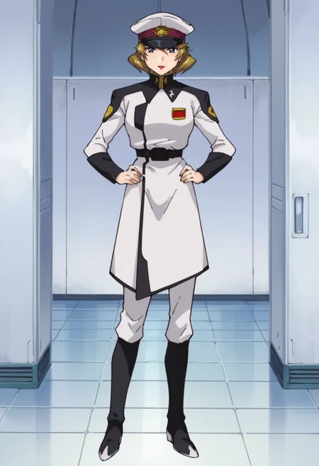 score_9,score_8_up,score_7_up,score_6_up,score_5_up,score_4_up,anime coloring,source_anime,<lora:Talia_Gladys_SEED_Destiny_Pony:0.8>,talia,1girl,solo,blue eyes,blonde hair,short hair,lipstick,peaked cap,white coat,white pants,black boots,standing,hands_on_hips,indoors,looking_at_viewer,