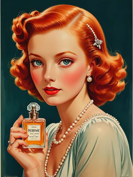 1940s poster art illustration.
A young redhead wearing pearls, in a a poster for perfume.
<lora:PinupGirl01e_CE_XL_300-OT:0.4> pnpgrlCE_style