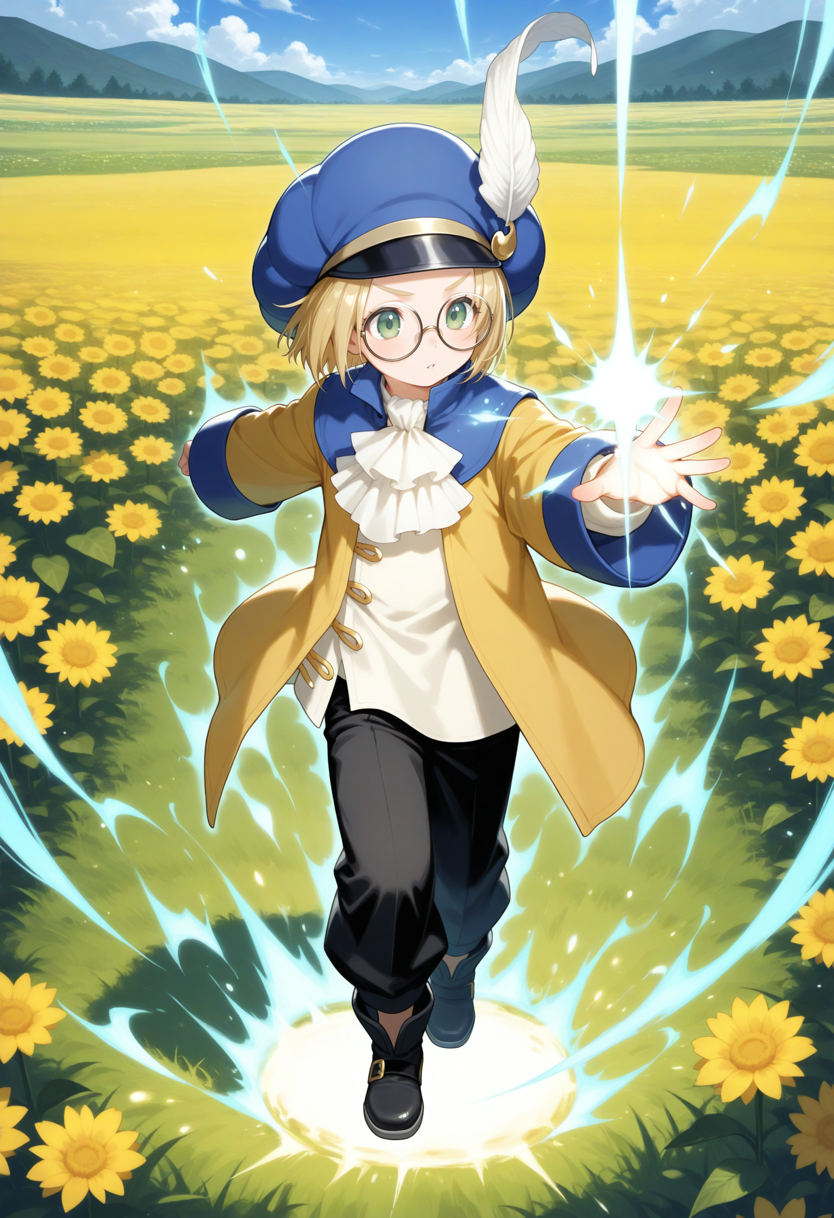 masterpiece,extreme detailed,outdoors,field,full body BREAK hoimin2,1boy,glasses,blonde hair,short hair,hat,round eyewear,white ascot,blue headwear,long sleeves,green eyes,yellow jacket,black pants,<lora:hoimin_(dq)-NAI:1>,magic,healing,aura,